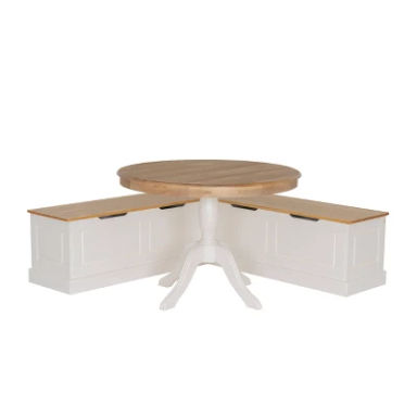 Tobin Backless Storage Corner Nook and Pedestal Table Dining Set Natural/White - Linon: Farmhouse Style, Wood Frame, Seats 4