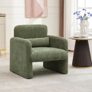 Accent Chairs, Modern Chenille Fabric Comfy Upholstered Armchair Single Sofa Chair with a Waist Pillow for Bedroom, Office and Living Room, Green