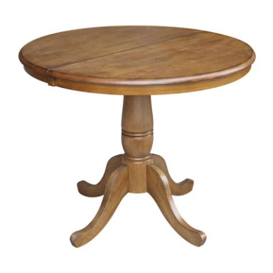 36" Round Dining Table with 12" Leaf Pecan - International Concepts: Solid Wood, Seats 4, Pedestal Base