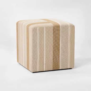 Lynwood Square Upholstered Cube Ottoman Beige Engineered Striped - Threshold™ designed with Studio McGee