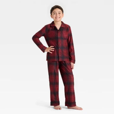 Boys' 2pc Plaid Holiday Long Sleeve Button-Down Pajama Set - Cat & Jack™ Red L