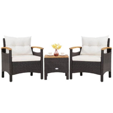 Tangkula 3PCS Patio PE Rattan Conversation Furniture Set Bistro Set Acacia Wood Tabletop
