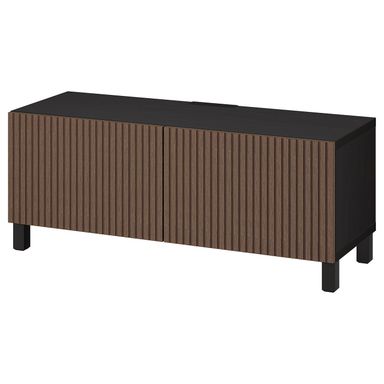 BESTÅ TV bench with doors - black-brown Björköviken/Stubbarp/brown stained oak veneer 120x42x48 cm
