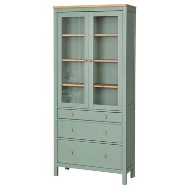 HEMNES Omarica s stkl vrati in 3 predali - sivo zelena/svetlo rjavo luženo 90x197 cm