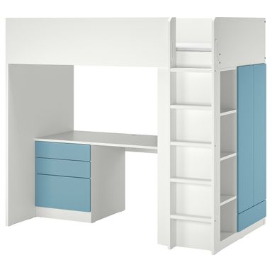 SMÅSTAD Loft bed - white blue/with desk with 4 drawers Twin