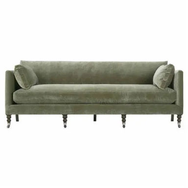 Madeline French Green Upholstered Brown Wood Brass Casters Nailhead Sofa - 90"W
