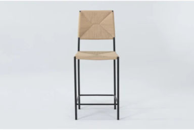 Rattan Natural Woven &#x2B; Black Metal 26&quot; Counter Height Stool With Back | Armless