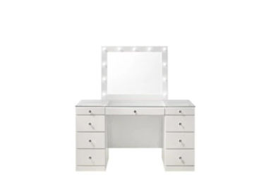Ava White Wood And Glass Top 9-Drawer Bedroom Makeup Vanity Desk &amp; Storage With Lighted LED Mirror