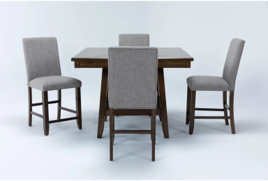 Hyland Brown Grey Square Wood II 48" Kitchen Counter Height Table With Lazy Susan + Stool Set For 4 | Shelves | Storage
