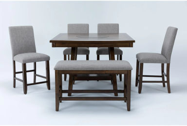 Hyland Brown Grey Square Wood II 48" Kitchen Counter Height Table With Lazy Susan + Stool + Dining Bench Set For 6