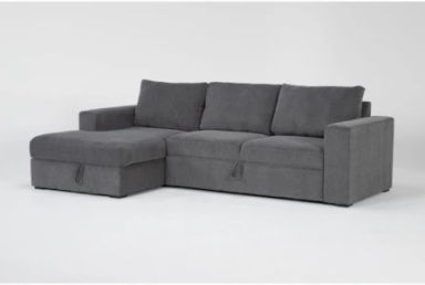 Sebastian Slate Grey Fabric 111&quot; 2 Piece Convertible Futon Sleeper Sectional with Left Arm Facing Storage Chaise | Track Arms