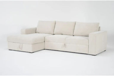 Sebastian Cream White Beige Fabric 111" 2 Piece Convertible Futon Sleeper Sectional with Left Arm Facing Storage Chaise | Track Arms