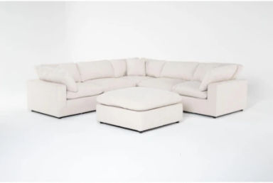 Zone Cream White Fabric 124&quot; 6 Piece Modular L-Shaped Sectional with 3 Corners 2 Armless Chairs &amp; Ottoman | Reversible