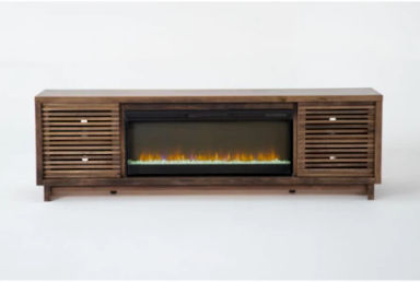 Zayne Brown 85" Modern Electric Fireplace Wood TV Stand | sliding Doors | Shelves | Storage | Entertainment Center