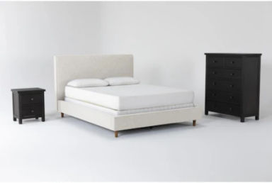Dean Sand King Upholstered 3 Piece Bedroom Set With Larkin Espresso II Chest &amp; Nightstand