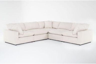 Zone Cream White Fabric 124" 5 Piece Modular L-Shaped Sectional with 3 Corners 2 Armless Chairs | Reversible