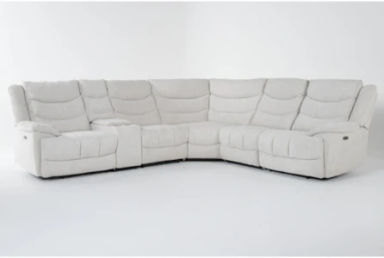 Cruz Ecru Beige Ivory 112" 6 Piece Power Reclining L-Shaped Modular Sectional | Storage Cupholders | USB | Fabric | Reversible