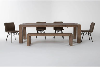 Bonham 79-98" Natural Wood Metal Rectangular Extendable Dining | Bench Set For 6 | Acacia