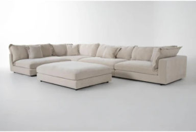 Supreme Lounger Natural Beige Cobblestone Fabric 4 Piece Oversized Modular L-Shaped Sectional &amp; Ottoman Set | Reversible