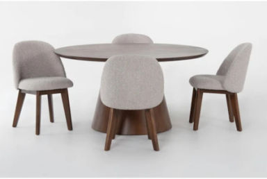 Draper Walnut Brown Mid-Century Modern 59" Round Pedestal Dining With Grey Boucle Chairs Set For 4 | Acacia