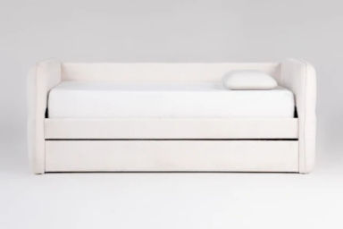 Evie Oatmeal White Fabric Twin Upholstered Daybed With Pull-Out Twin Trundle