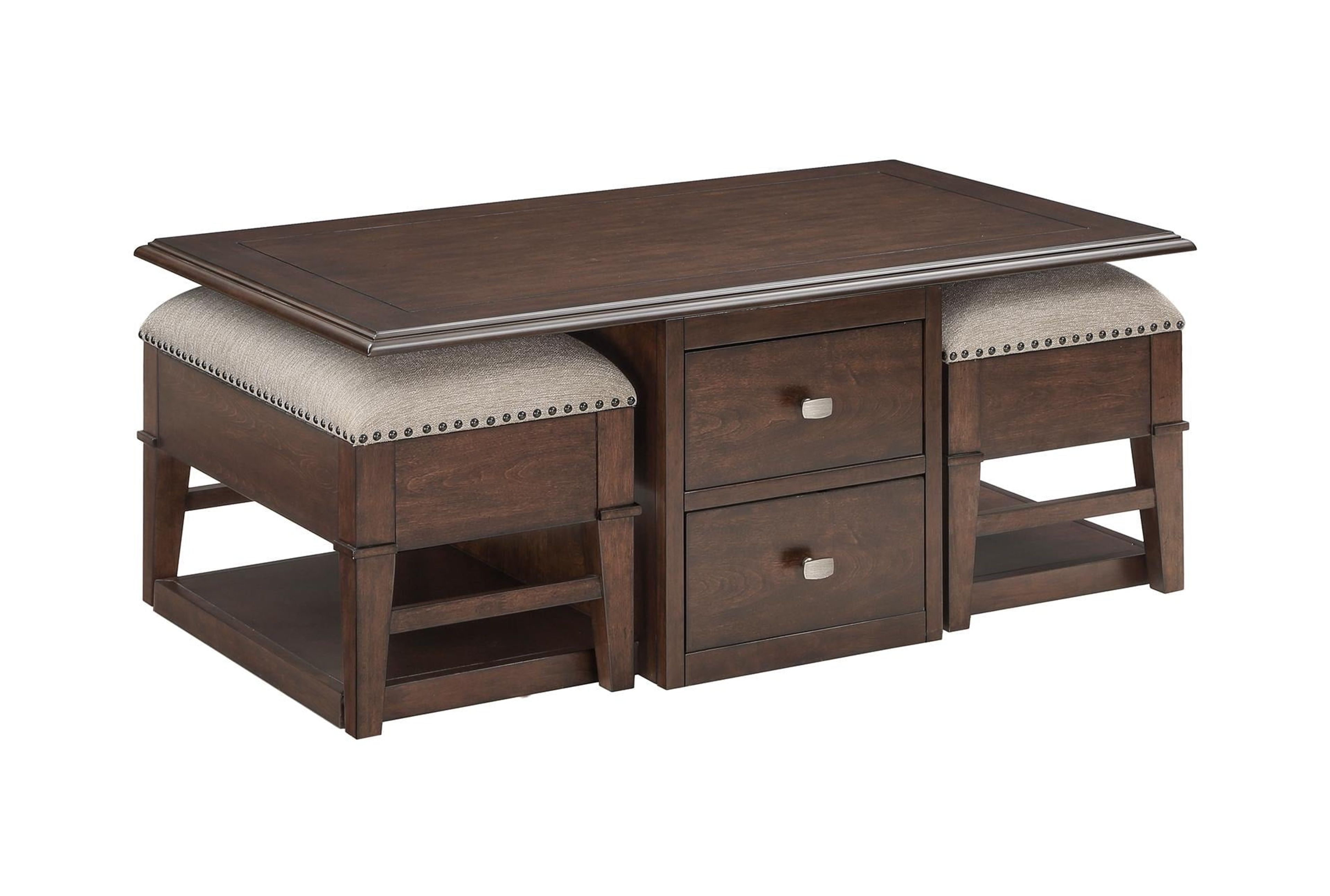 48-Inch Modern Brown Wood Coffee Table with Two Storage Ottomans
