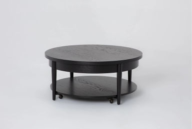 Austen Black 40" Wide Round Wood Lift-Top Coffee Table | Shelves | Wheels
