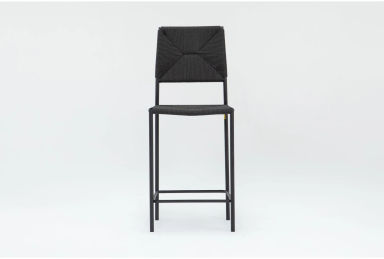 Rattan Black Woven + Black Metal 26" Counter Height Stool With Back