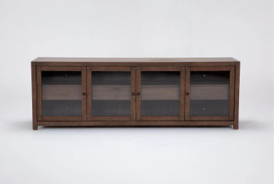 Sawyer Brown Walnut 92" Modern Wood TV Stand With LED Lights | Glass Doors | Shelves | Drawers | Storage | Entertainment Center