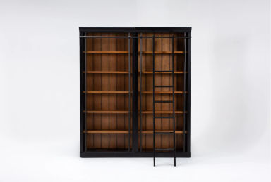 Henri 94" Black + Natural Bunching Bookcase 3 Piece Library Wall &amp; Ladder