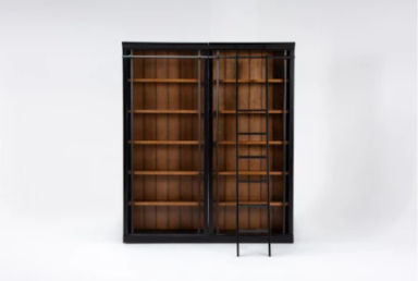 Henri 94&quot; Black &#x2B; Natural Bunching Bookcase 3 Piece Library Wall &amp; Ladder