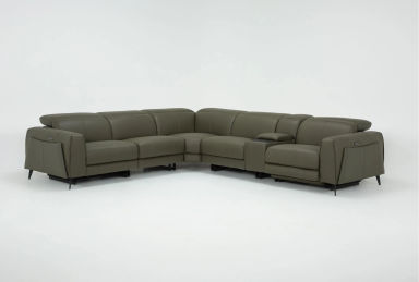Cullen Olive Green Leather 127" 6 Piece Power Zero Gravity Reclining Modular Sectional With Console Power Headrest Storage Hidden Cupholders Wireless Charging &amp; USB