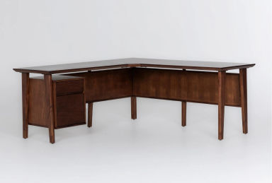 Draper Mid Century Modern Brown 72" L-Shaped Executive Computer Storage Desk w/ Drawers | Writing