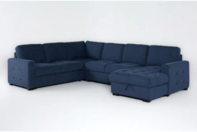 Keaton Blue Tufted Fabric 130" 4 Piece U-Shaped Convertible Futon Sleeper Sectional With Right Arm Facing Storage Chaise