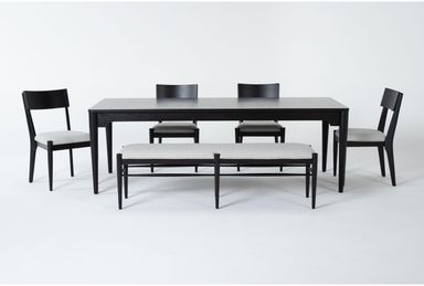 Austen Black Wood Rectangular 2 Drawer 72-90" Extendable Dining Table With Upholstered Bench + Chair II Set For 6