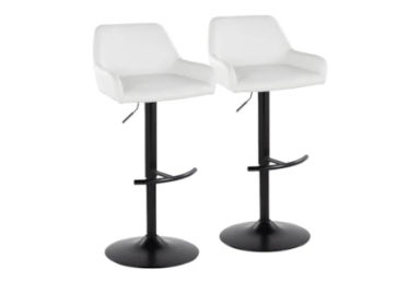 Daniella Contemporary Adjustable 32.25&quot; Barstool With Swivel In Black Metal And White Faux Leather Set Of 2 | Armless