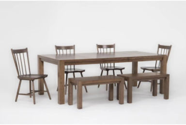 Sawyer Brown Walnut Wood 68-88  Rectangular Extendable Dining II Table With 2 Dining Benches + 4 Chairs Set For 6
