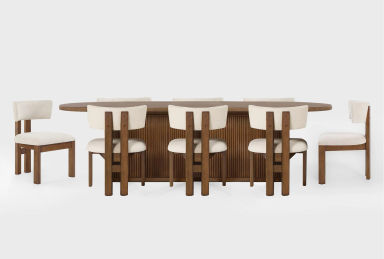 Kissa Brown Wood 90-108" Oval Extendable Reeded Plinth Base Dining Table With Cream Upholstered Curved Back Performance Fabric Dining Chairs Set For 8