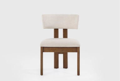 Kissa Brown Wood + Cream Upholstered Performance Fabric Curved Back Armless Dining Chair