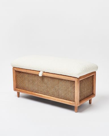 Loha Faux Sheepskin Boucle & Rattan Ottoman | Oliver Bonas