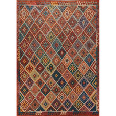 Geometric Kilim Oriental Area Rug Tribal Hand-Woven Wool Carpet - 8'0"