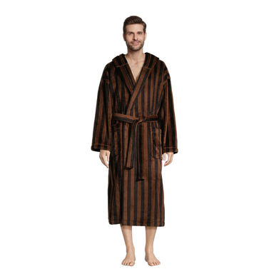 Black and Brown Fleece Stripe Men's Robe with Hood