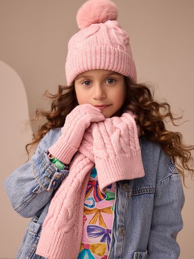 Pink Cable Beanie Scarf and Gloves Set (3-16yrs)